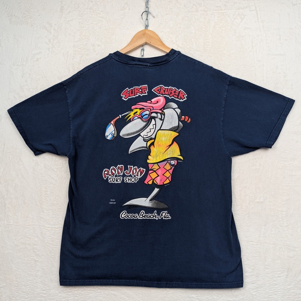VTG Ron Jon Surf Shop T-Shirt Mens L Navy Blue Surf Cruiser Shark Streetwear 90s